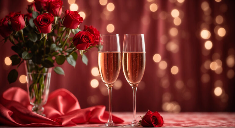 Zwei Sektgläser und rote Rosen auf einem Tisch mit einem romantischen Hintergrund mit Bokeh-Beleuchtung.