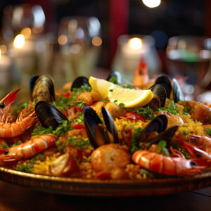 Ein Teller mit Meeresfrüchte-Paella mit Krabben, Muscheln, Zitronenscheiben und Reis auf einem Esstisch.
