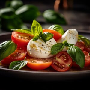 Ein Caprese-Salat mit Tomaten, Mozzarella, Basilikumblättern und Olivenöl auf einem dunklen Teller.