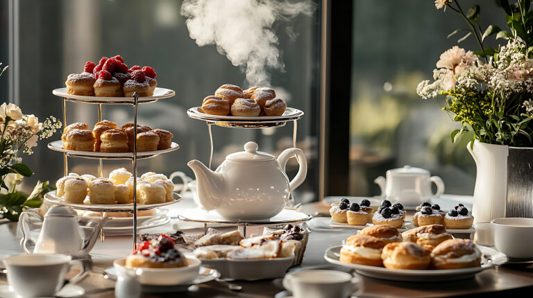 Ein Teetisch mit Gebäck, Kuchen, einer dampfenden Teekanne und Blumen steht an einem sonnigen Fenster.