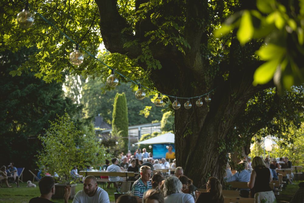 Menschen sitzen an Picknicktischen unter einem großen Baum mit Lichterketten bei einem sonnigen Treffen im Freien.