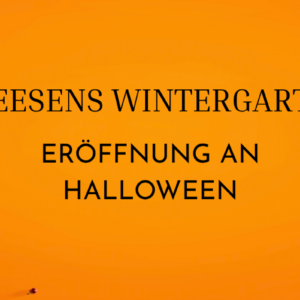 Orangefarbener Hintergrund mit Kürbissen, einer Halloween-Kürbislaterne und dem Text: „Eröffnung des Dreesens Wintergartens an Halloween“.