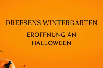 Orangefarbener Hintergrund mit Kürbissen, einer Halloween-Kürbislaterne und dem Text: „Eröffnung des Dreesens Wintergartens an Halloween“.